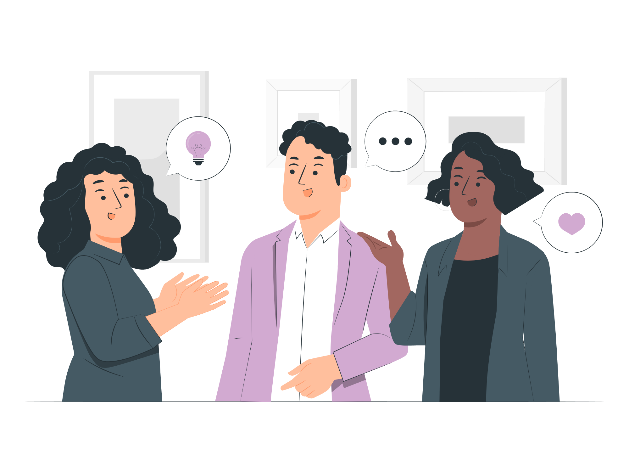 A group of three people discuss ideas.