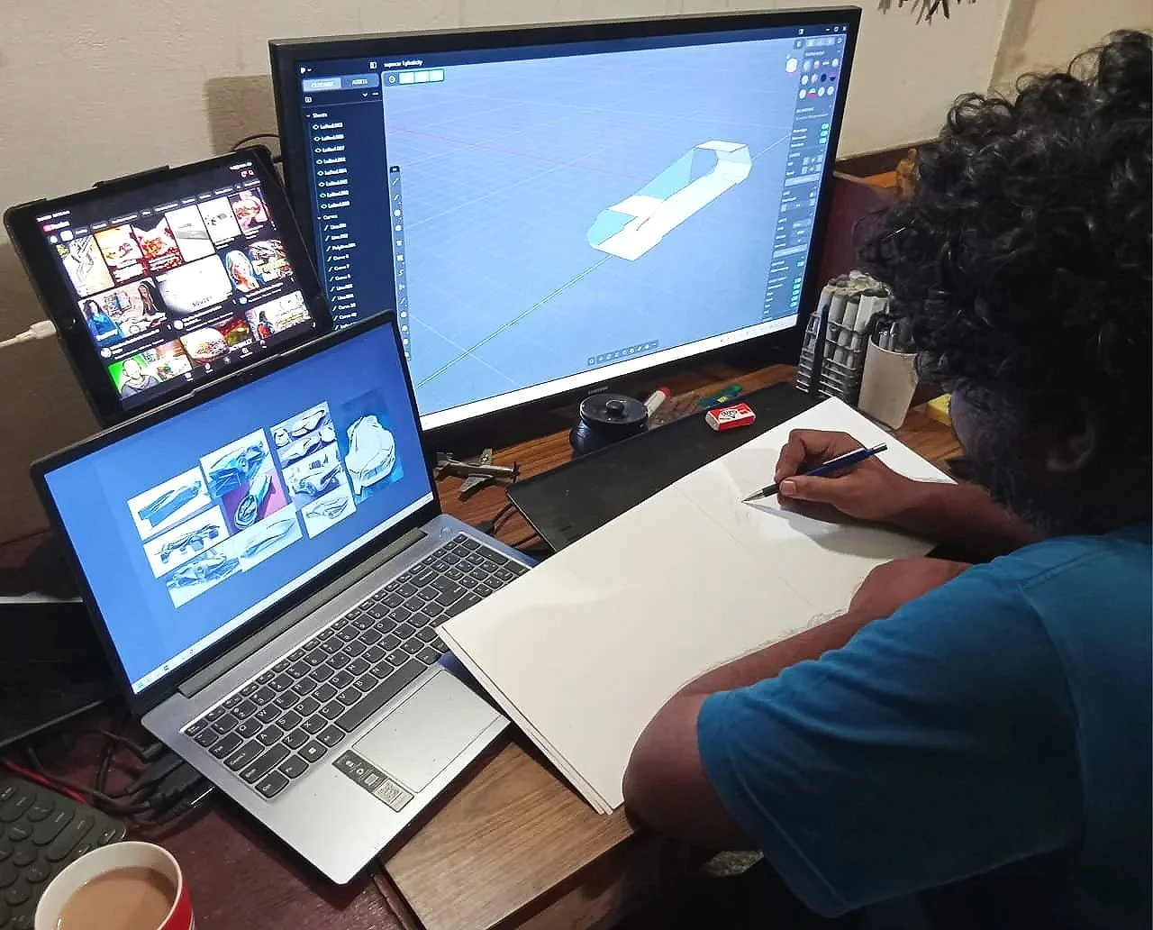 A person working at a desk with a laptop, drawing on a sketch pad, with a large monitor and a tablet displaying 3D car design models. The desk has various stationery items, a cup of coffee, and a workspace setup.