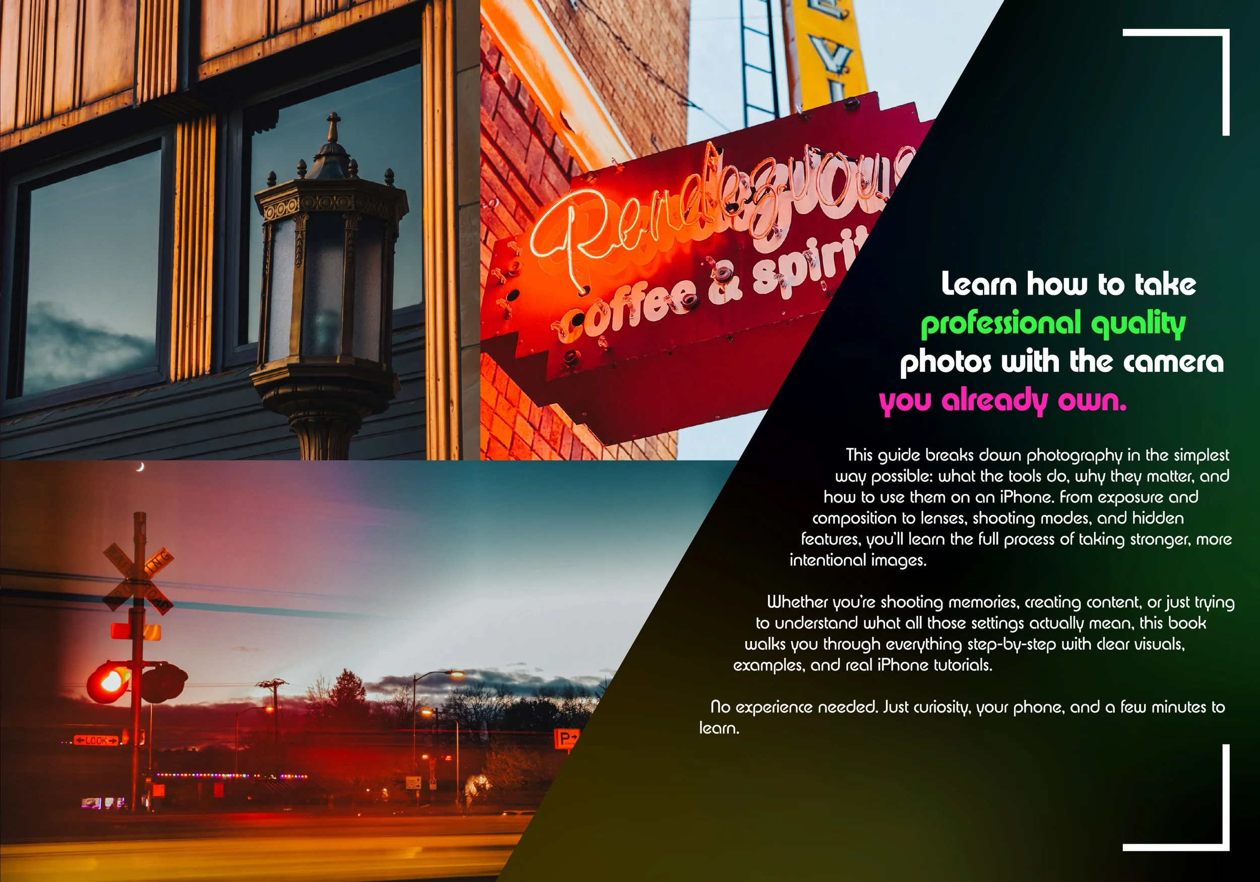 A building with classical architectural design and a streetlamp reflected in the window, a neon sign for a coffee shop, and a sunset scene with railroad crossing signals and street lights.