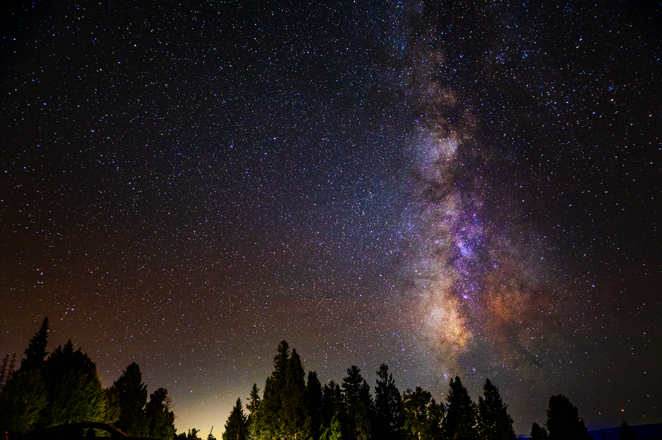 Night sky filled with countless stars and the Milky Way galaxy stretching across the sky, with tree silhouettes at the bottom.