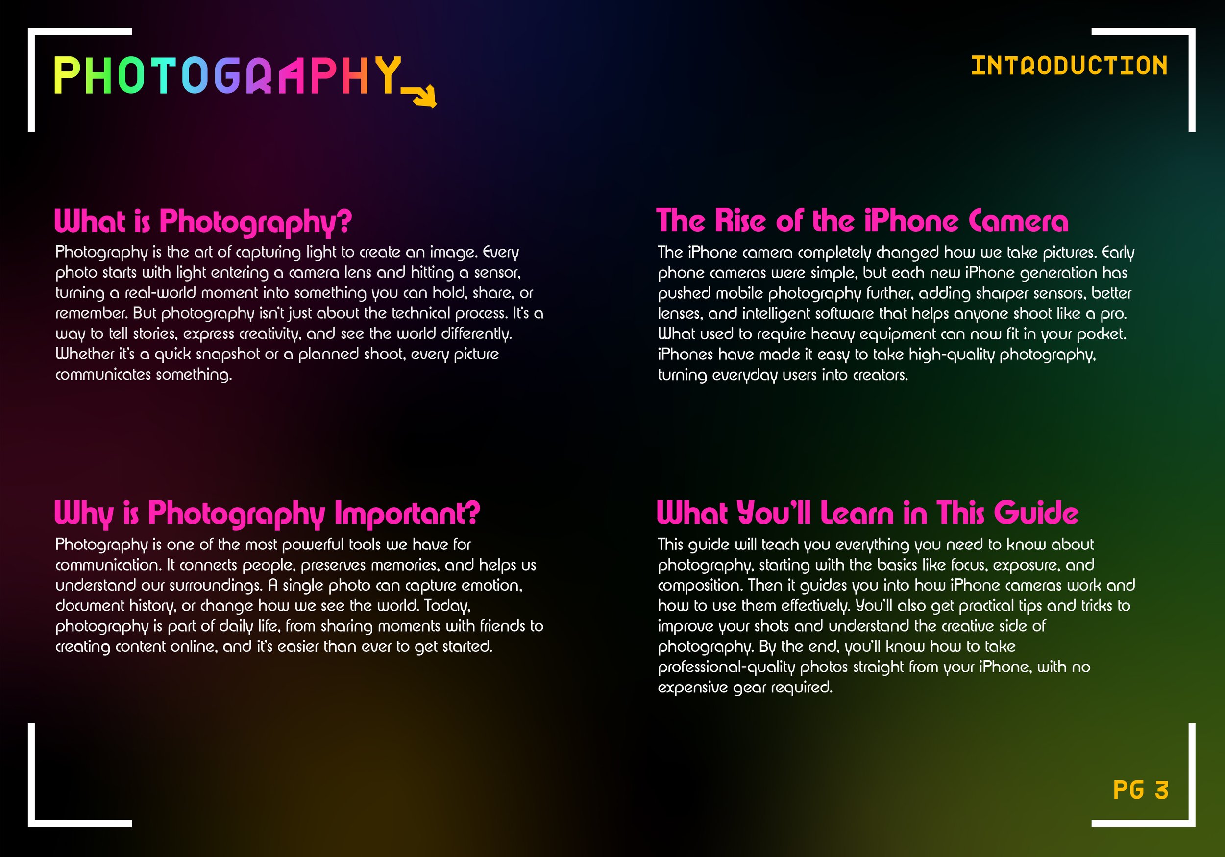 Colorful digital page layout about photography, including sections on what photography is, why it's important, the rise of the iPhone camera, and what you'll learn in the guide. Text is in various bright colors on a dark gradient background.