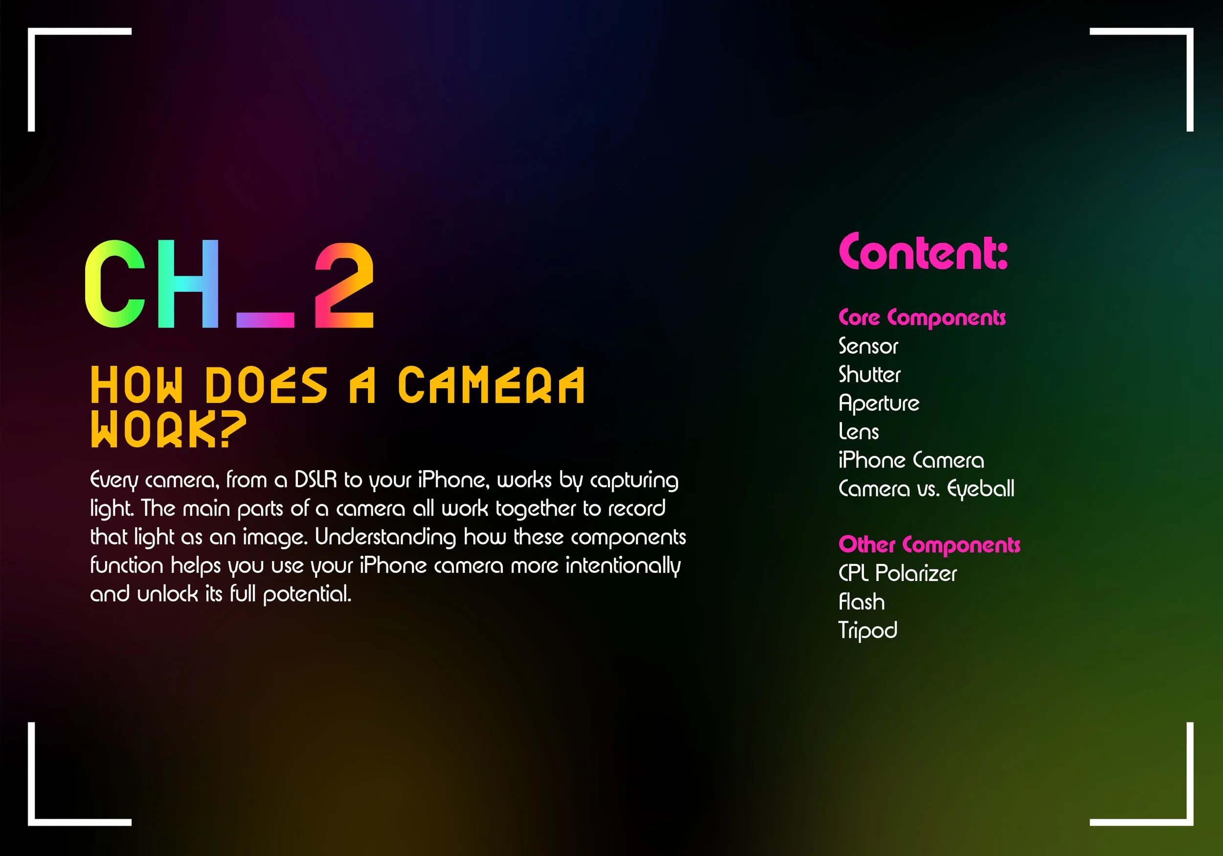 Colorful title 'CH 2 How Does A Camera Work?' with section titled 'Content' listing core components such as sensor, shutter, aperture, lens, iPhone camera, camera vs. eyeball, and other components like CPL polarizer, flash, tripod.