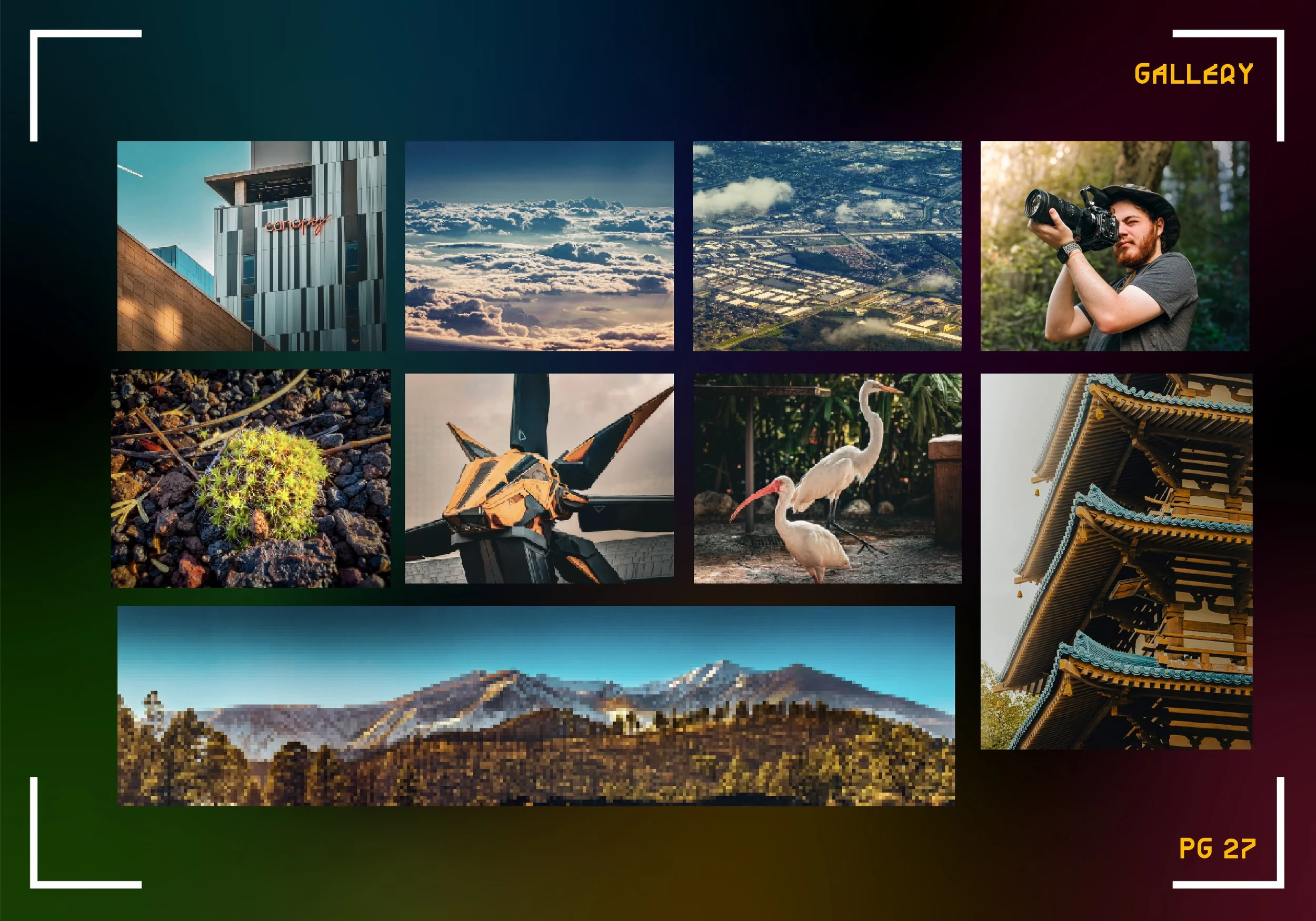 Collage of various scenic and cultural images, including a modern building with 'conery' sign, clouds over sky, aerial view of a city, photographer with camera, plants, a futuristic motorcycle, two white cranes, traditional Asian architecture, and mo