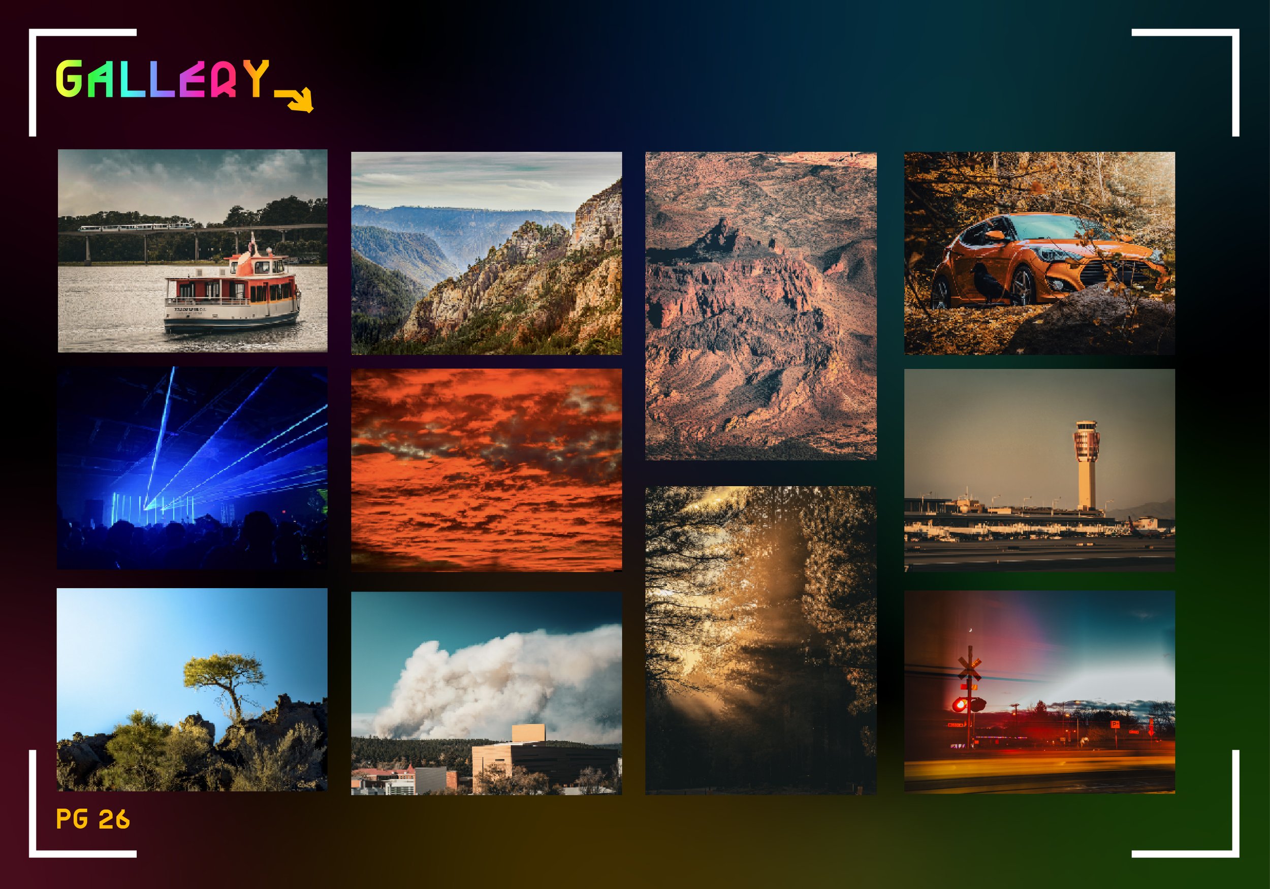 A collage of various landscape and cityscape photographs, including mountains, sunsets, a boat on a river, a lighthouse, and a concert scene, with the word 'GALLERY' in colorful letters at the top left.