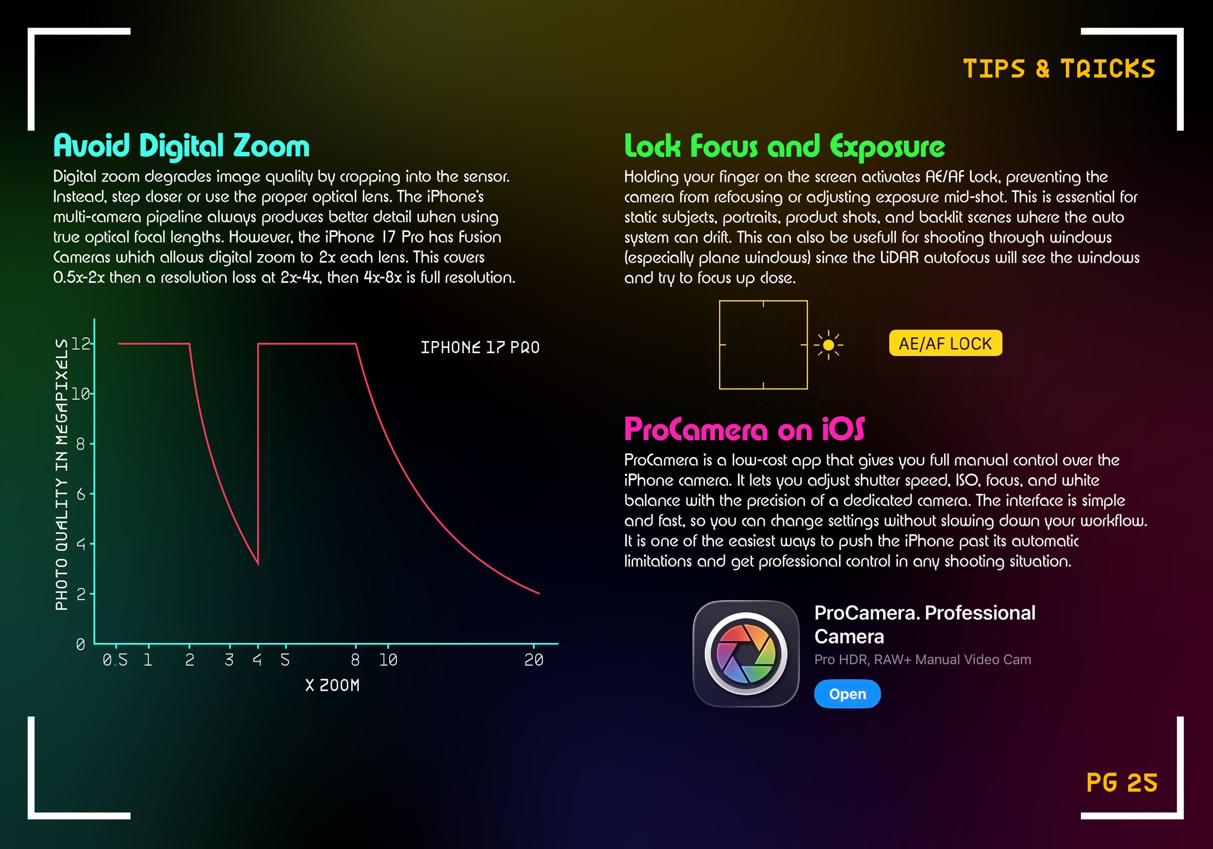 Infographic with tips for photography, including avoiding digital zoom, locking focus and exposure, and using professional camera apps. Contains graphs, icons, and colorful text on a dark background.