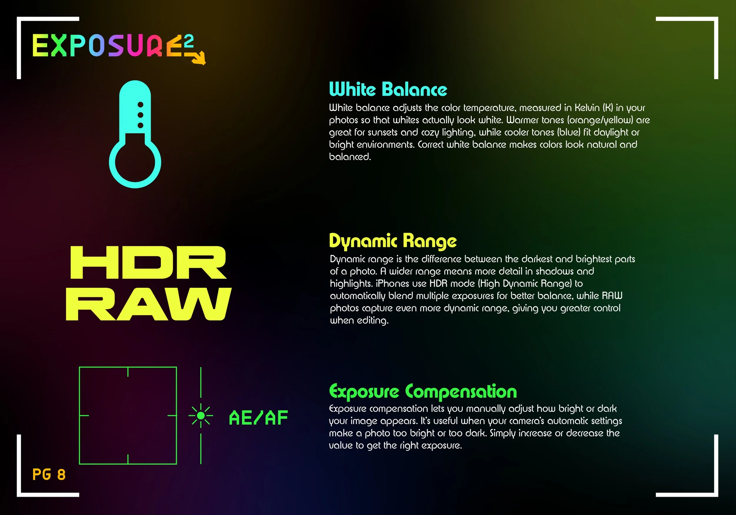 An informational digital graphic about photography techniques, including exposure, white balance, dynamic range, and exposure compensation, with colorful text and icons on a dark gradient background.