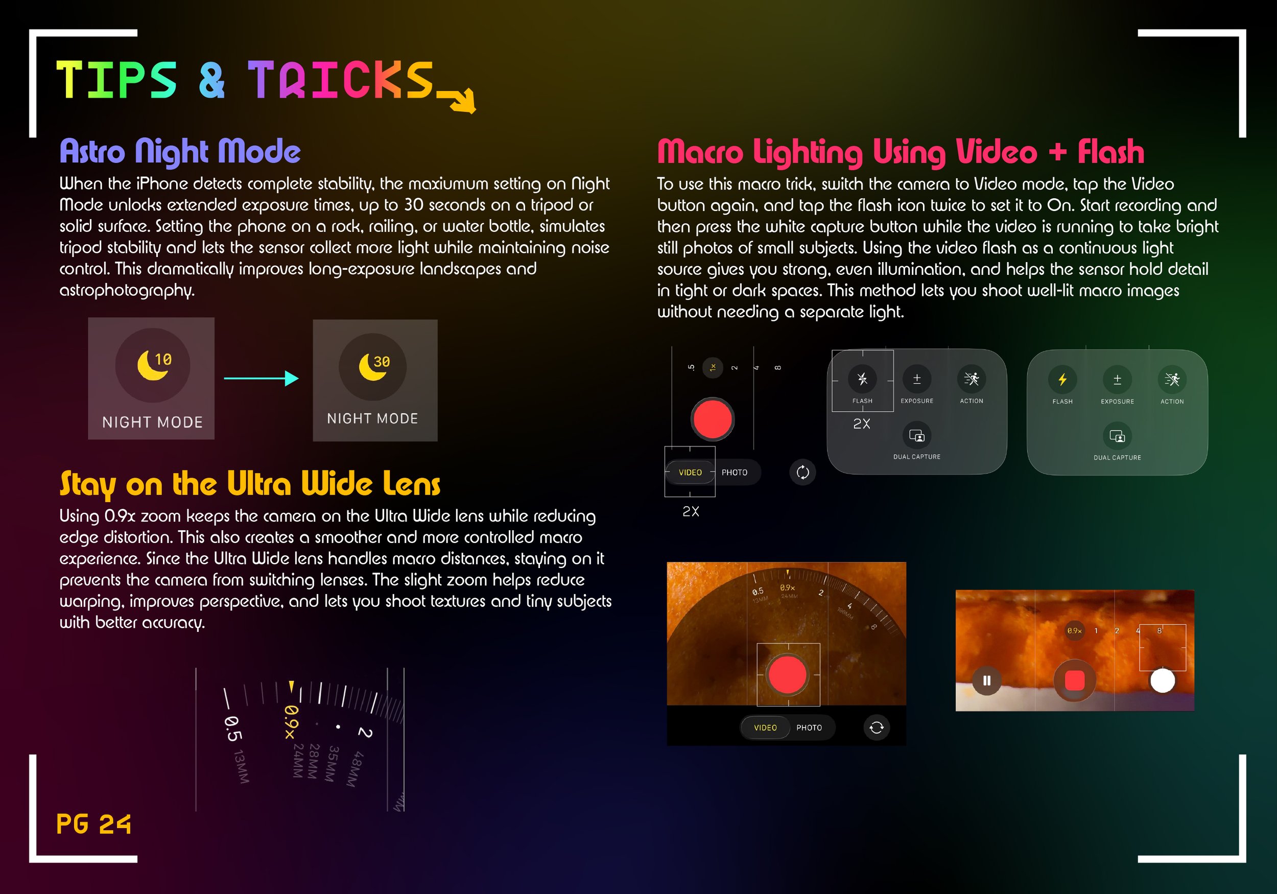 An infographic titled "Tips & Tricks" with sections on "Astro Night Mode" and "Macro Lighting Using Video + Flash" featuring text explanations and icons, including camera settings and modes, with a dark background and colorful headings.