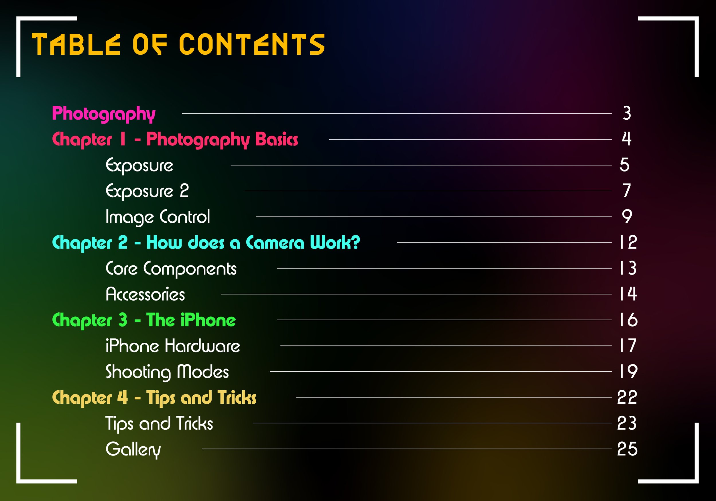 A table of contents page with various chapters listed in different colors, including 'Photography' and 'Chapter 1 - Photography Basics,' 'Chapter 2 - How does a Camera Work?', and others, with corresponding page numbers.
