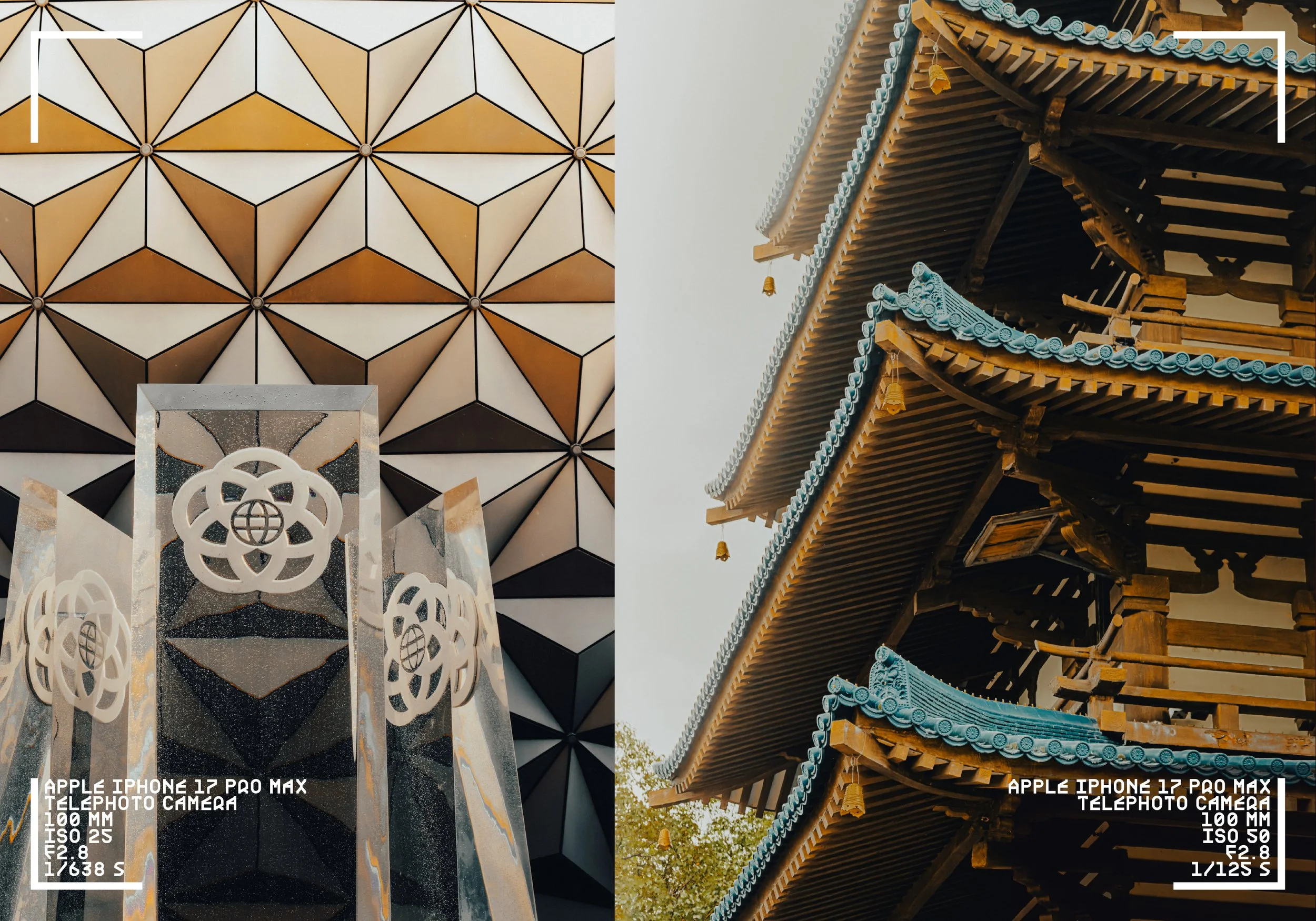 Side-by-side images of architectural structures: the left image shows a modern geometric facade with diamond-shaped gold, cream, and black panels, and a decorative silver sculpture in the foreground; the right image displays a traditional Japanese-st