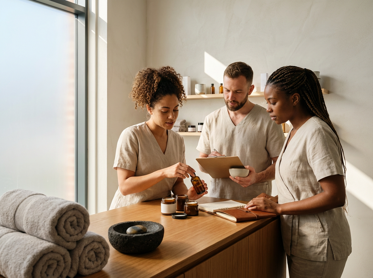 Three massage therapists in beige uniforms collaborating in a spa or wellness center, with towels and massage stones on a wooden counter.