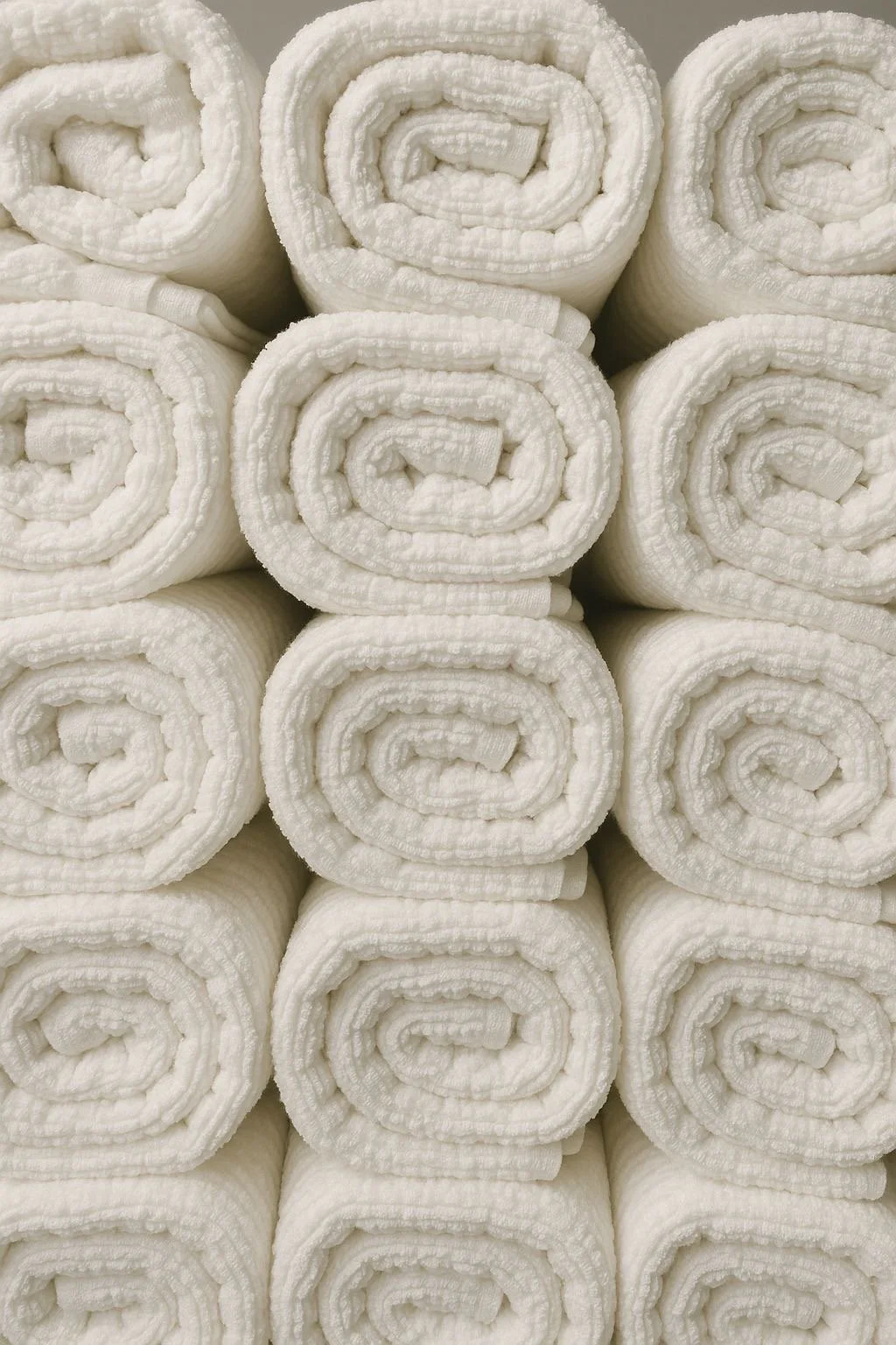 Stacks of white towels rolled up in a neat pattern.