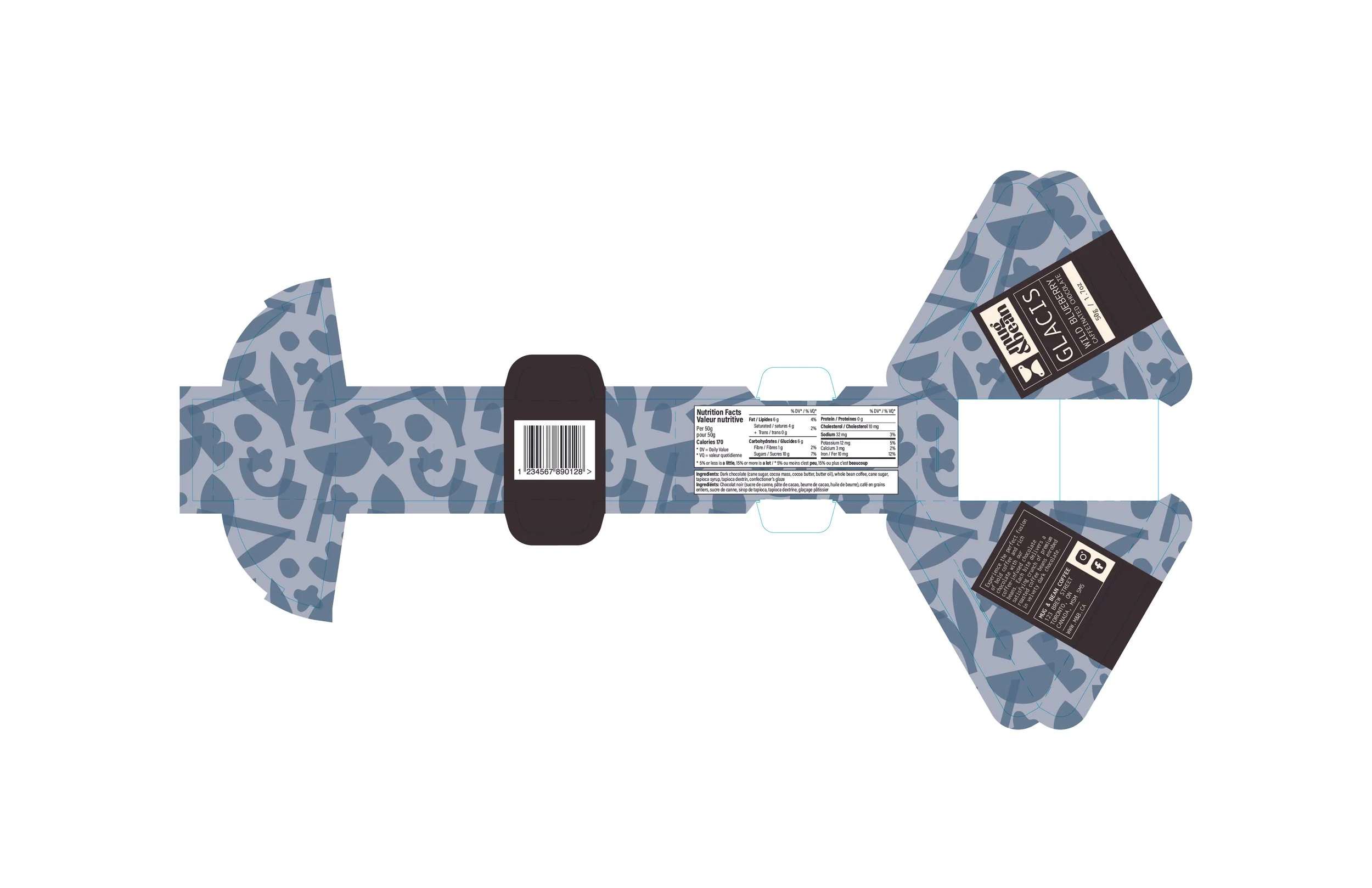 Flat plan with the package die cut and artwork for an individual package