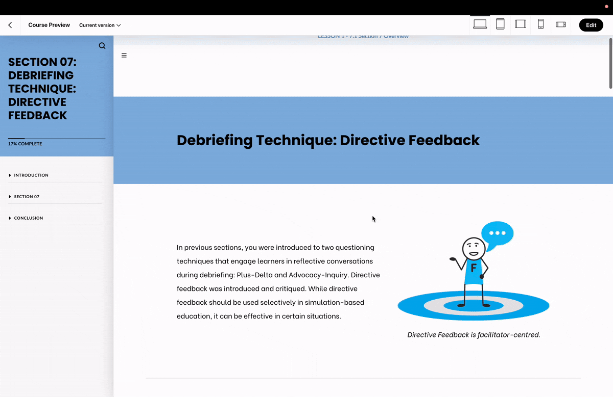 A snippet of a section of a learning module – part of a 12 section course on Simulation Facilitation