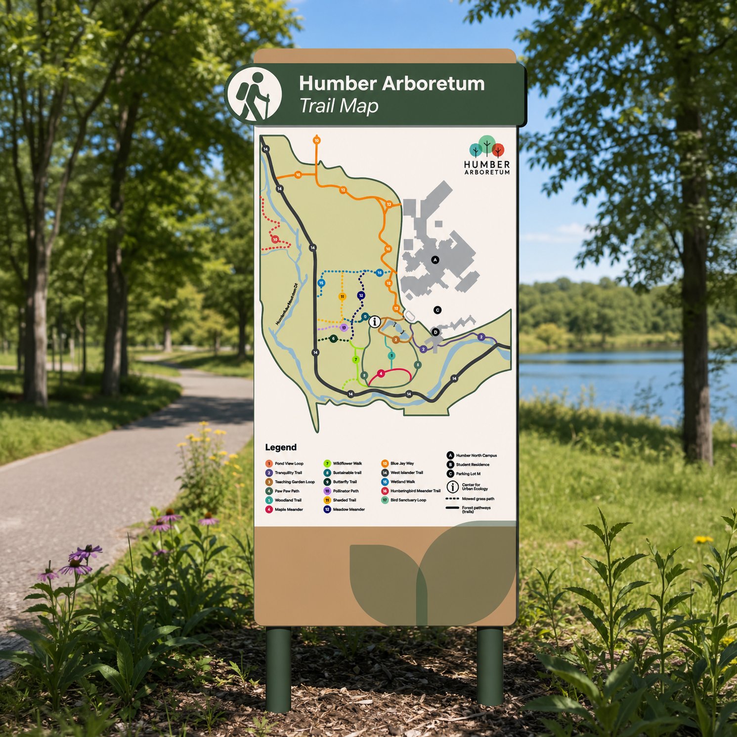 Hiking trail sign positioned at the forks of main trails