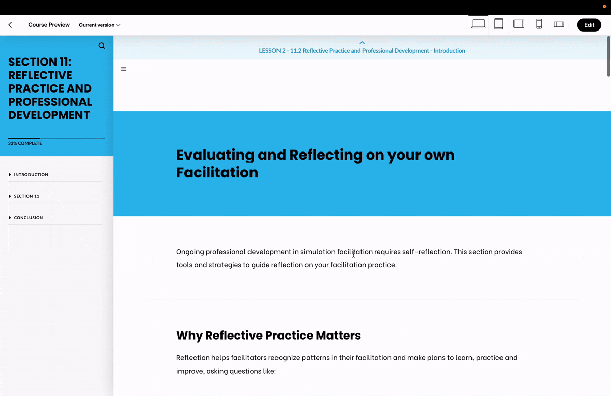 A snippet of a section of a learning module – part of a 12 section course on Simulation Facilitation