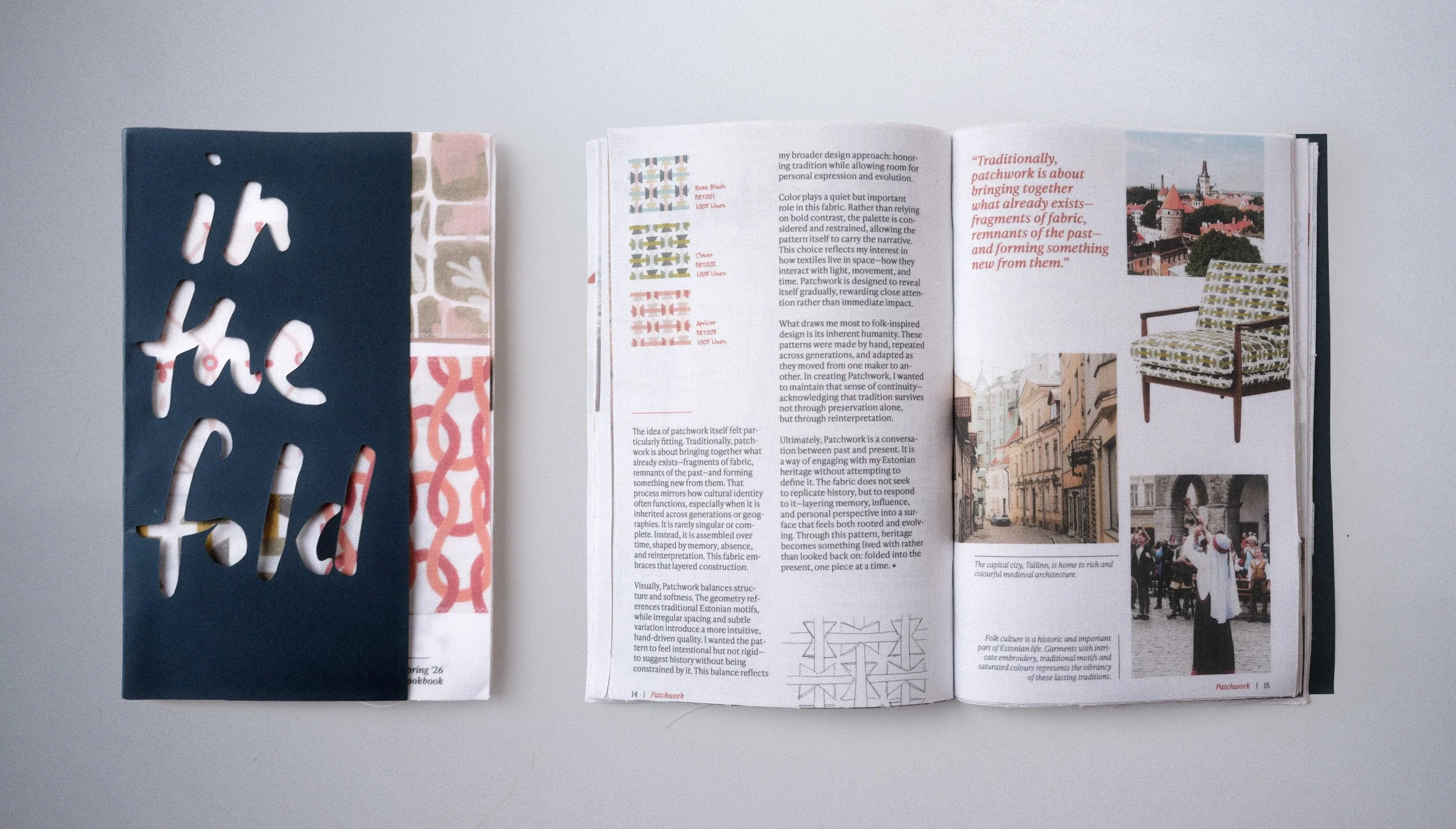 Physical copy of lookbook printed on 100% white cotton fabric