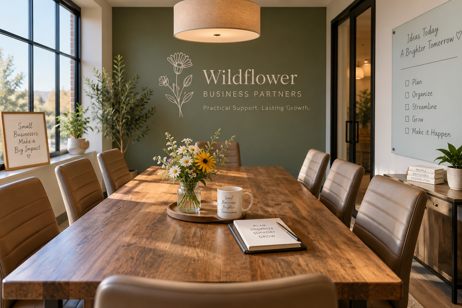 A conference room with a wooden table, surrounded by tan leather chairs, in an office with large windows. There are motivational posters, a whiteboard with checklist, and a vase of wildflowers on the table.