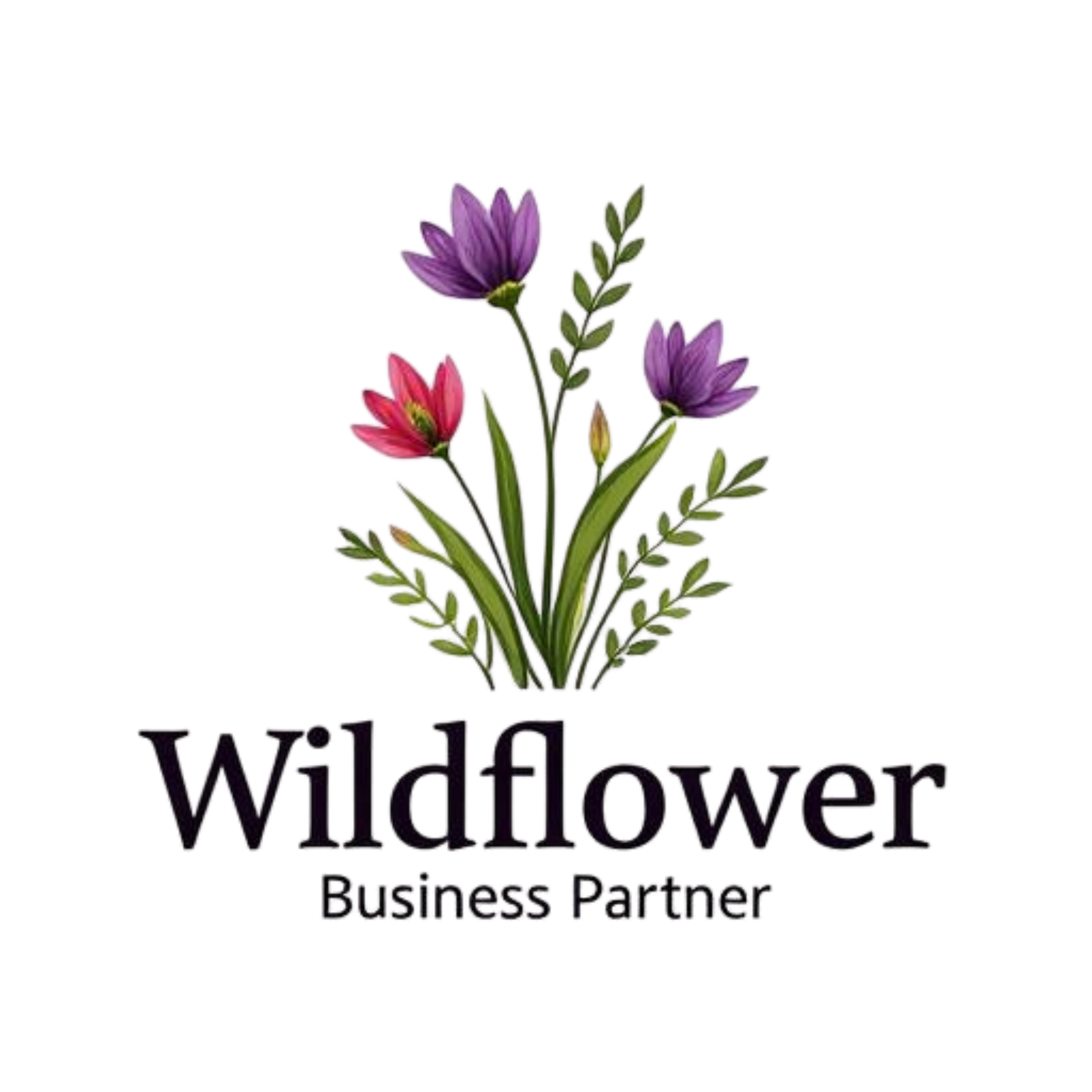 A logo featuring purple and pink flowers with green leaves and the text 'WILDFLOWER' in bold black letters. Below, smaller text reads 'Business Partner'.