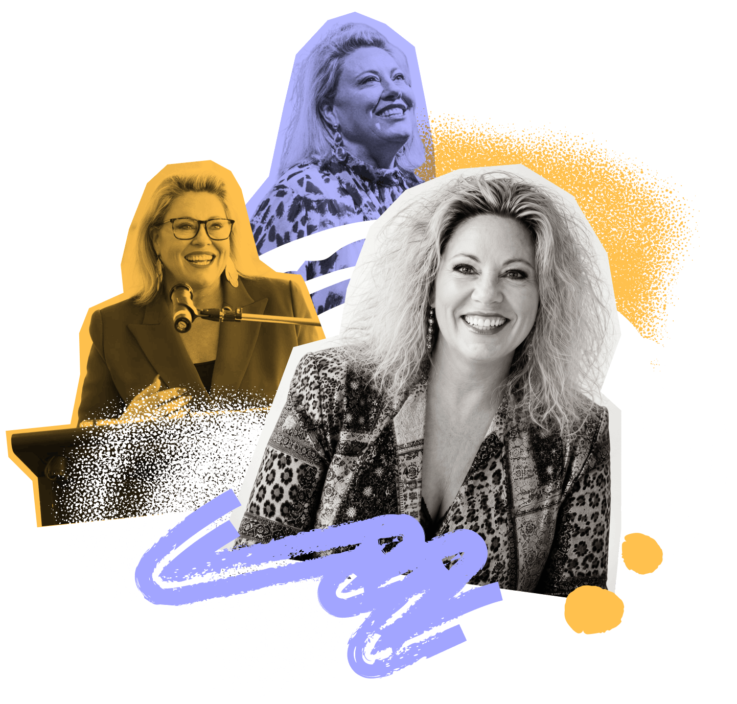Collage of three images of the same woman (Kylie Ward), each smiling, with artistic overlay elements including yellow and purple splashes, black and white images, and abstract shapes.