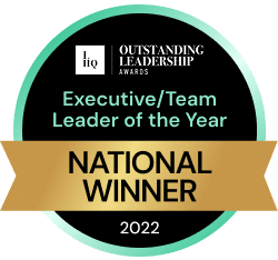 Award badge for LIQ Outstanding Leadership Awards 2022, recognizing Executive/Team Leader of the Year, National Winner.