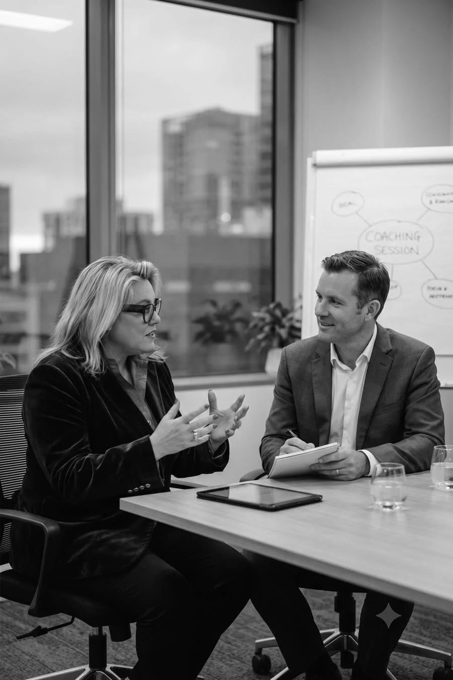Kylie Ward wearing a dark suit and collared shirt speaking with a male professional client as they engage in a coaching session in a modern office setting
