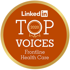LinkedIn Top Voices 2020 Frontline Health Care badge in orange and gold