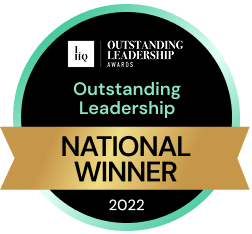 Award badge for Outstanding Leadership, National Winner 2022, LIQ Outstanding Leadership Awards.