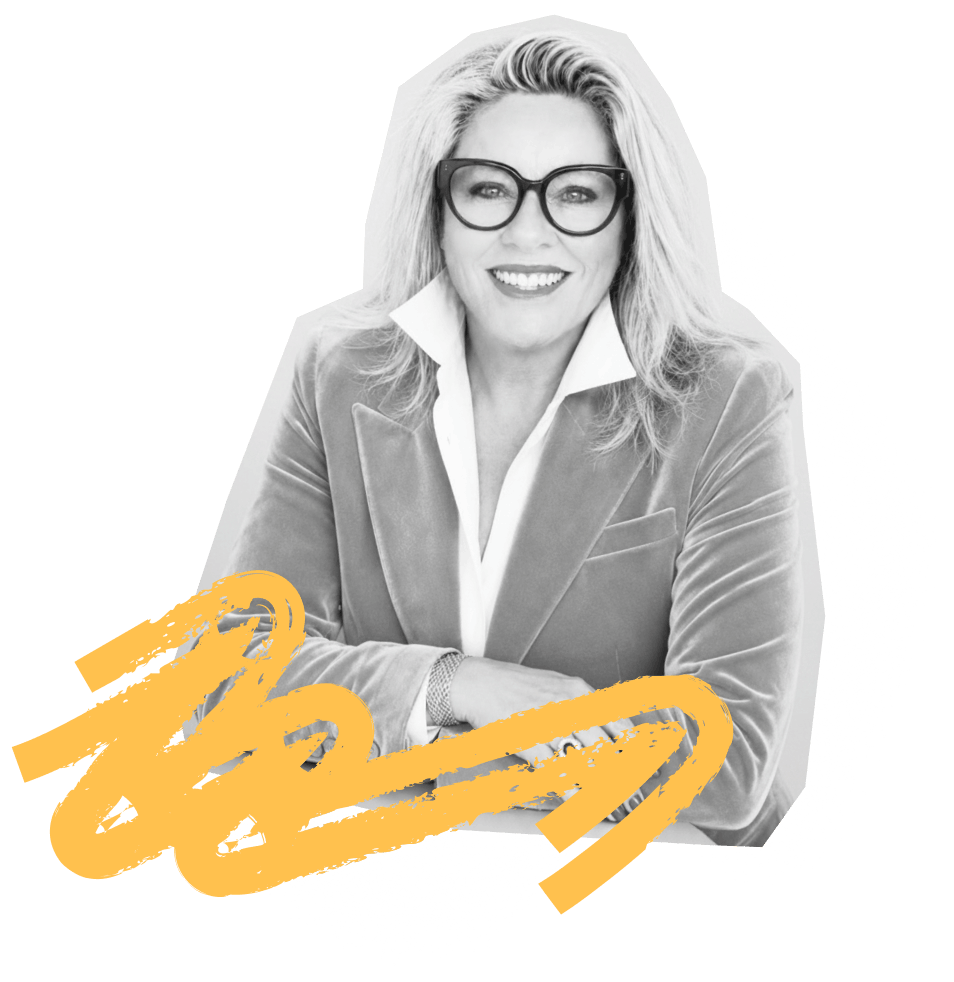 Black and white portrait of Kylie Ward with shoulder-length blonde hair, wearing glasses and a blazer with a white shirt, posed with arms crossed and a decorative yellow scribble around her.