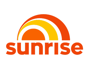 Sunrise logo with orange and yellow semi-circles and the word 'sunrise' in orange text.