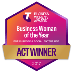 Telstra Business Women's Awards badge with 'Business Woman of the Year' and 'ACT Winner 2017' text