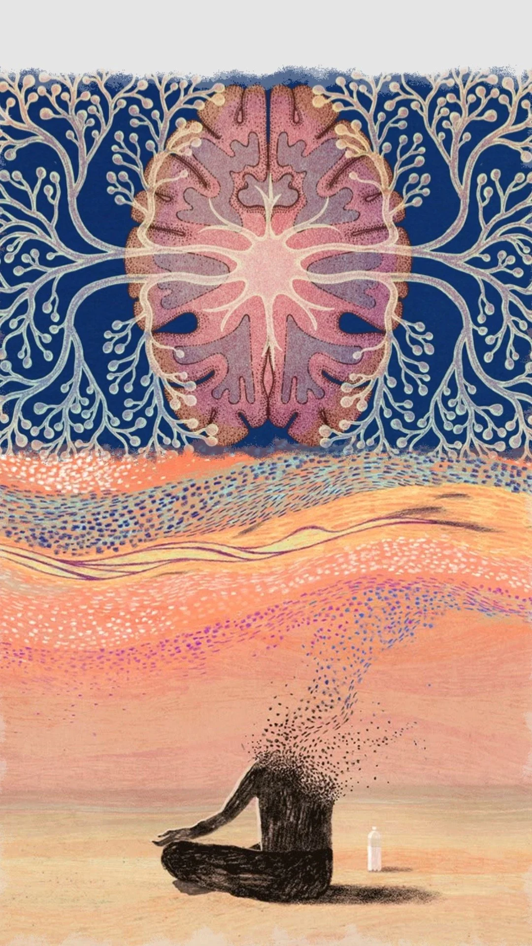 Silhouette of a person sitting in a meditative pose on a sandy beach with a bottle nearby, beneath a surreal, colorful sky featuring a large, abstract tree and a brain-like pattern with roots extending from the tree.