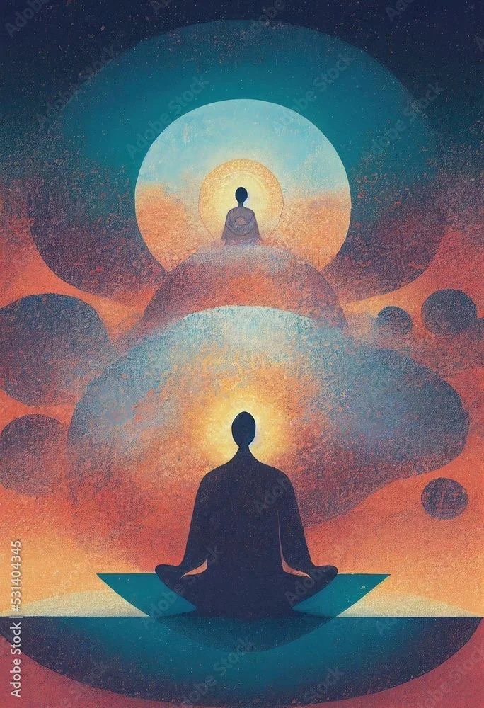 Silhouette of a person meditating in a seated posture surrounded by abstract cosmic shapes and glowing orbs, with a larger silhouette on a hill in the background, depicting a spiritual or meditative scene.