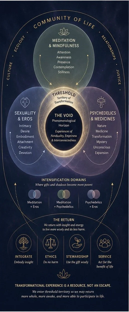 Diagram illustrating the stages of spiritual and psychological growth, including meditation, mindfulness, sexuality and Eros, psychedelics and medicines, and the concept of the void, with themes of community, transformation, and ethical living.