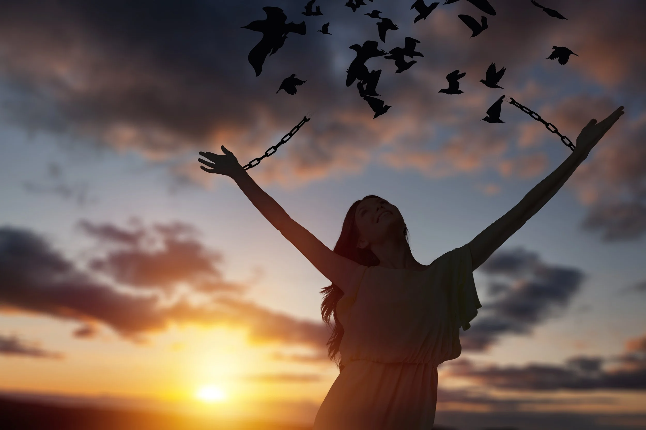 A girl with long hair raising her hands in front of a sunset sky with clouds, as birds fly overhead.