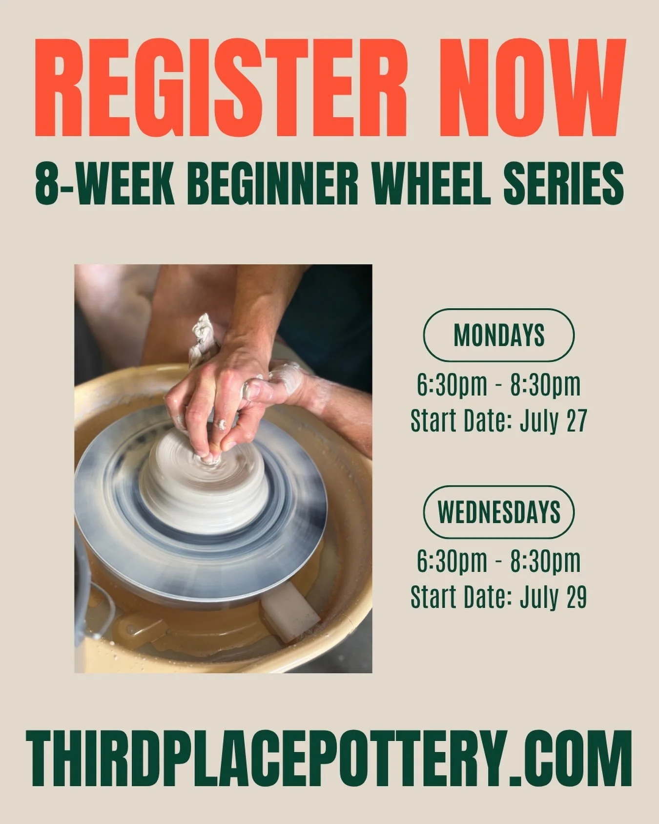 Our next round of 8-week beginner pottery classes starts at the end of July! 

Each week includes two hours of instruction and feedback where you&rsquo;ll learn to throw on the wheel, use a variety of tools, and to operate independently in a pottery 