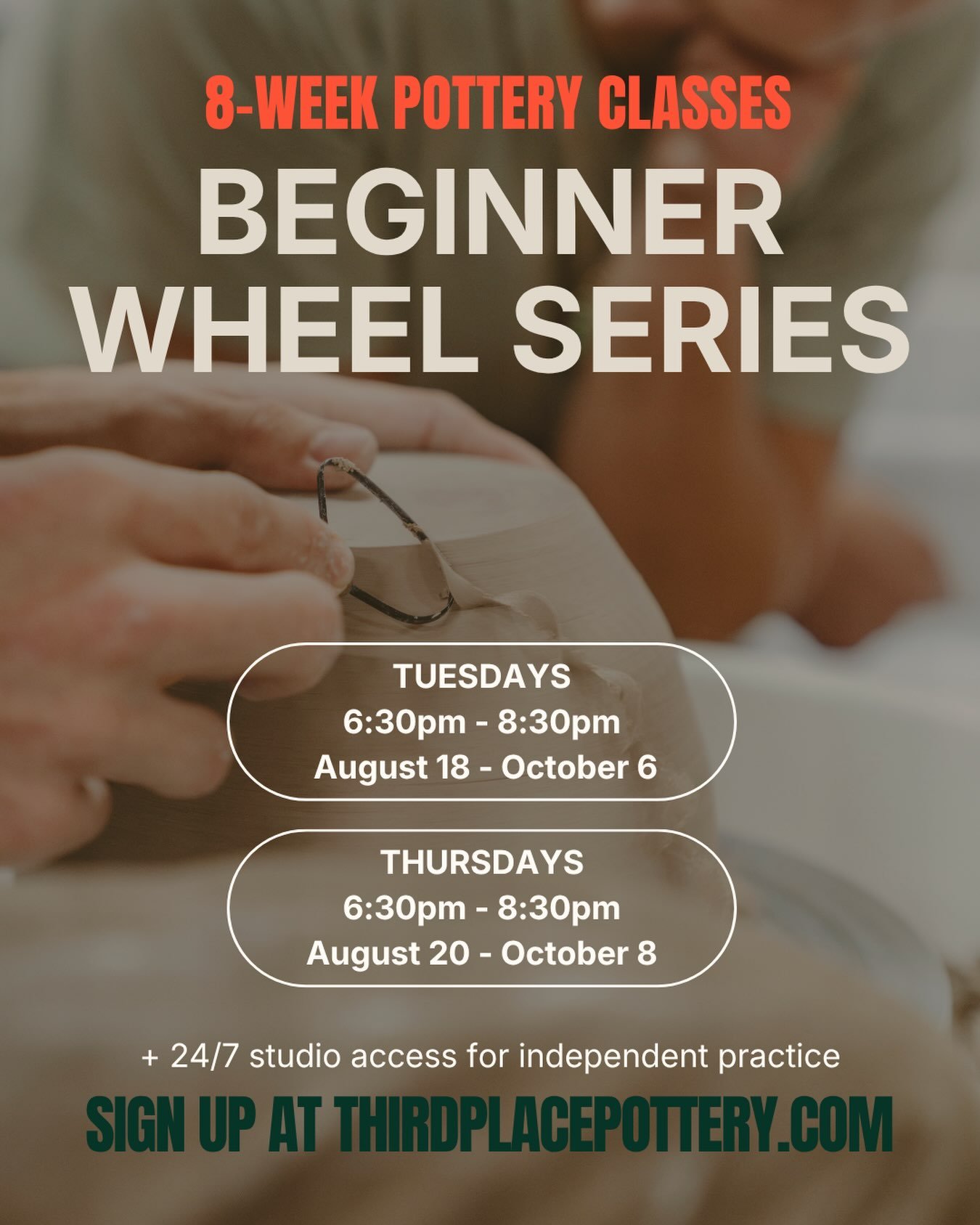 We just dropped our next 8-week beginner wheel-throwing classes! 

You can now register for either the Tuesday evening class (starting Aug. 18) or the Thursday evening class (starting Aug. 20). No experience with clay is required! 

We include all th