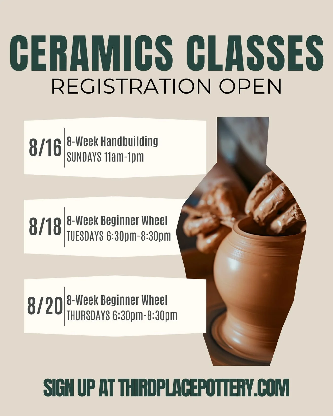 We still have some spots in our classes that start next week! We&rsquo;ve got a handbuilding class on Sunday mornings, and wheel throwing classes on Tuesday or Thursday evenings. 

Classes include all the clay, tools, glaze, and equipment you&rsquo;l