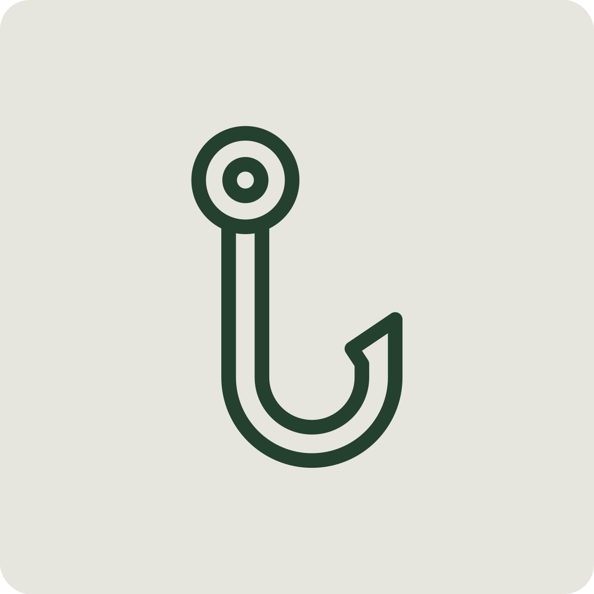 Minimalist illustration of a fishhook with a circular eyelet at the top.