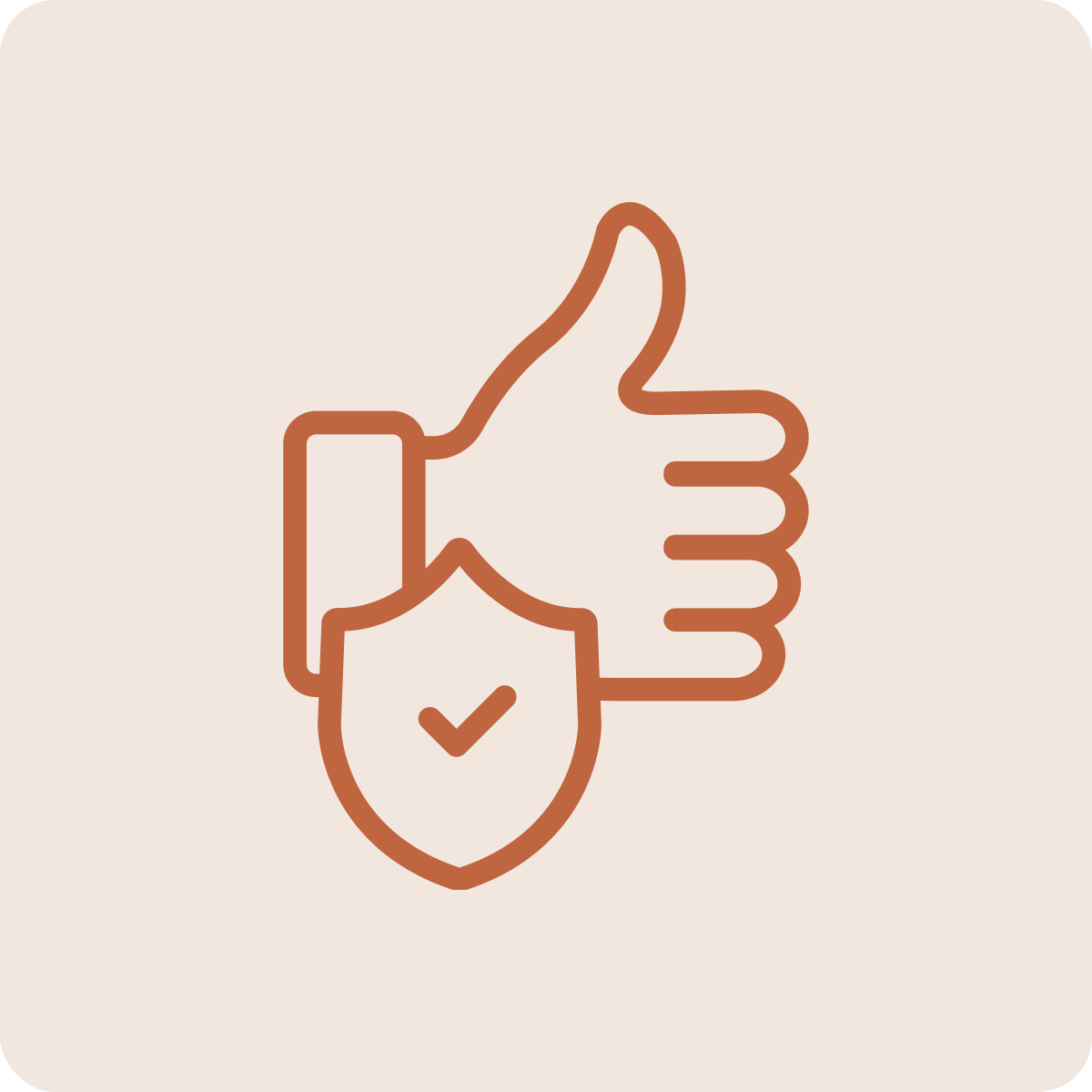 A line drawing of a thumbs-up sign with a shield and check mark in front of it, symbolizing approval and security.