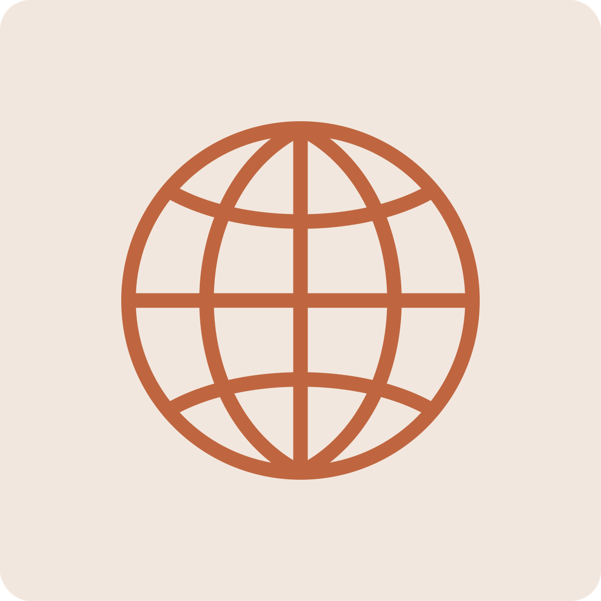 Icon of a globe with longitude and latitude lines on a beige background.