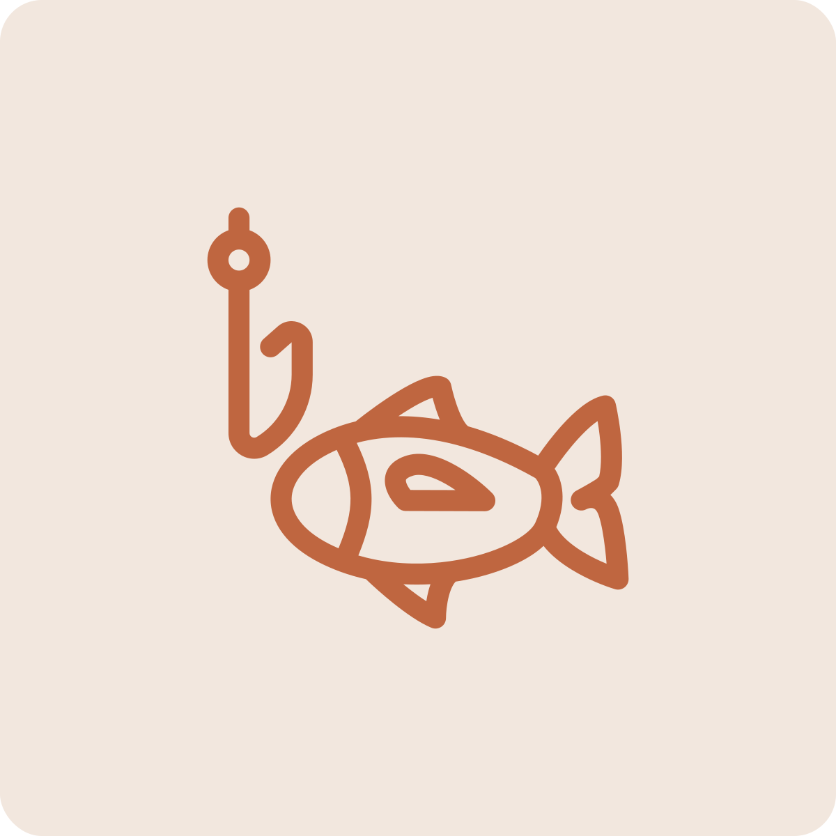 Line drawing of a fish with a fishing hook and line.