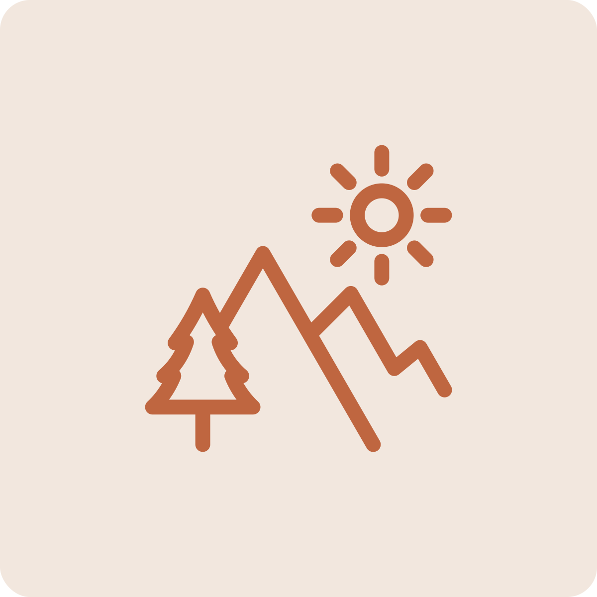 Line drawing of a mountain landscape with a sun above.
