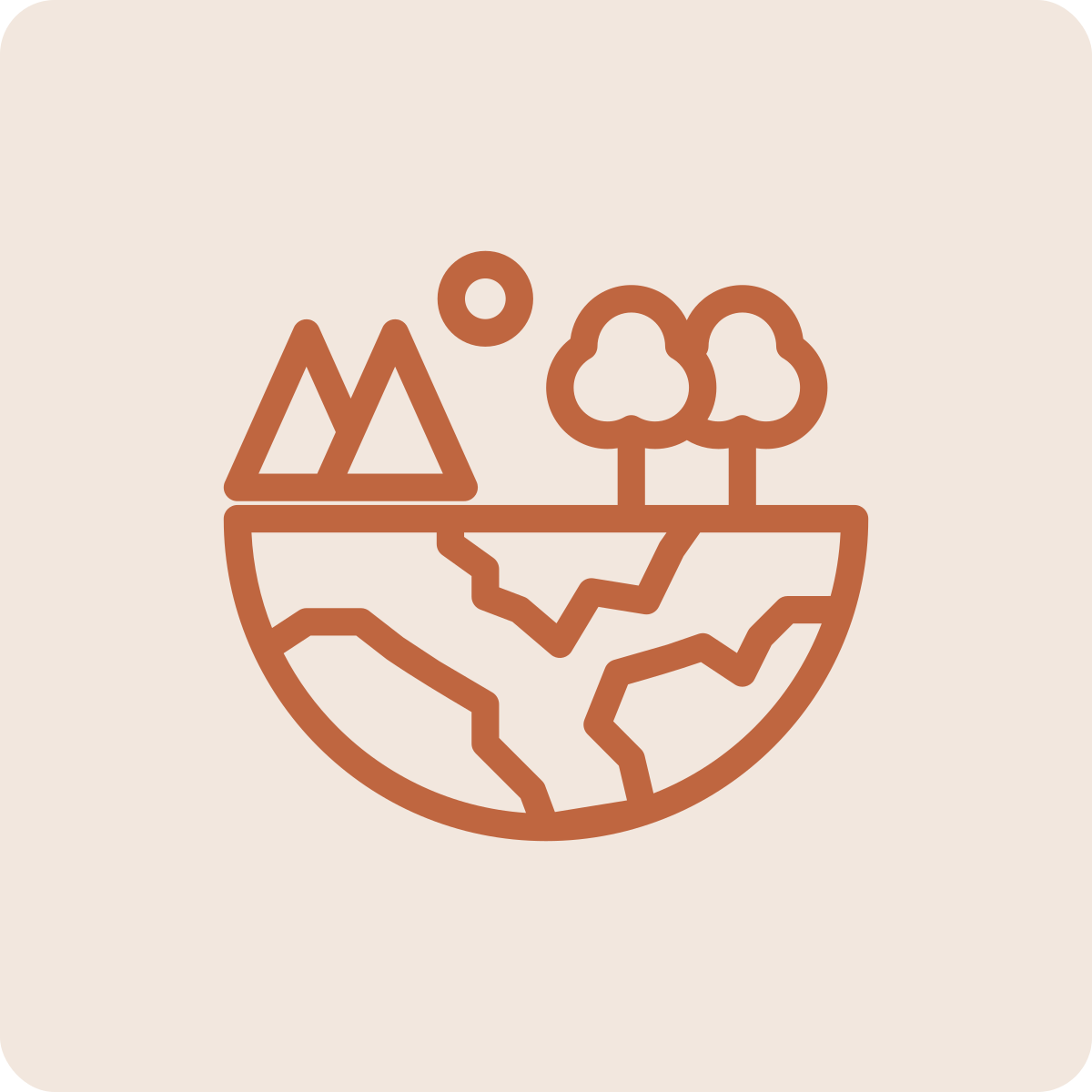 Line drawing of a globe with mountains, trees, and a sun.