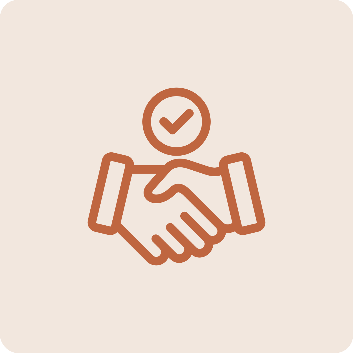 Icon of two hands shaking with a checkmark above them.