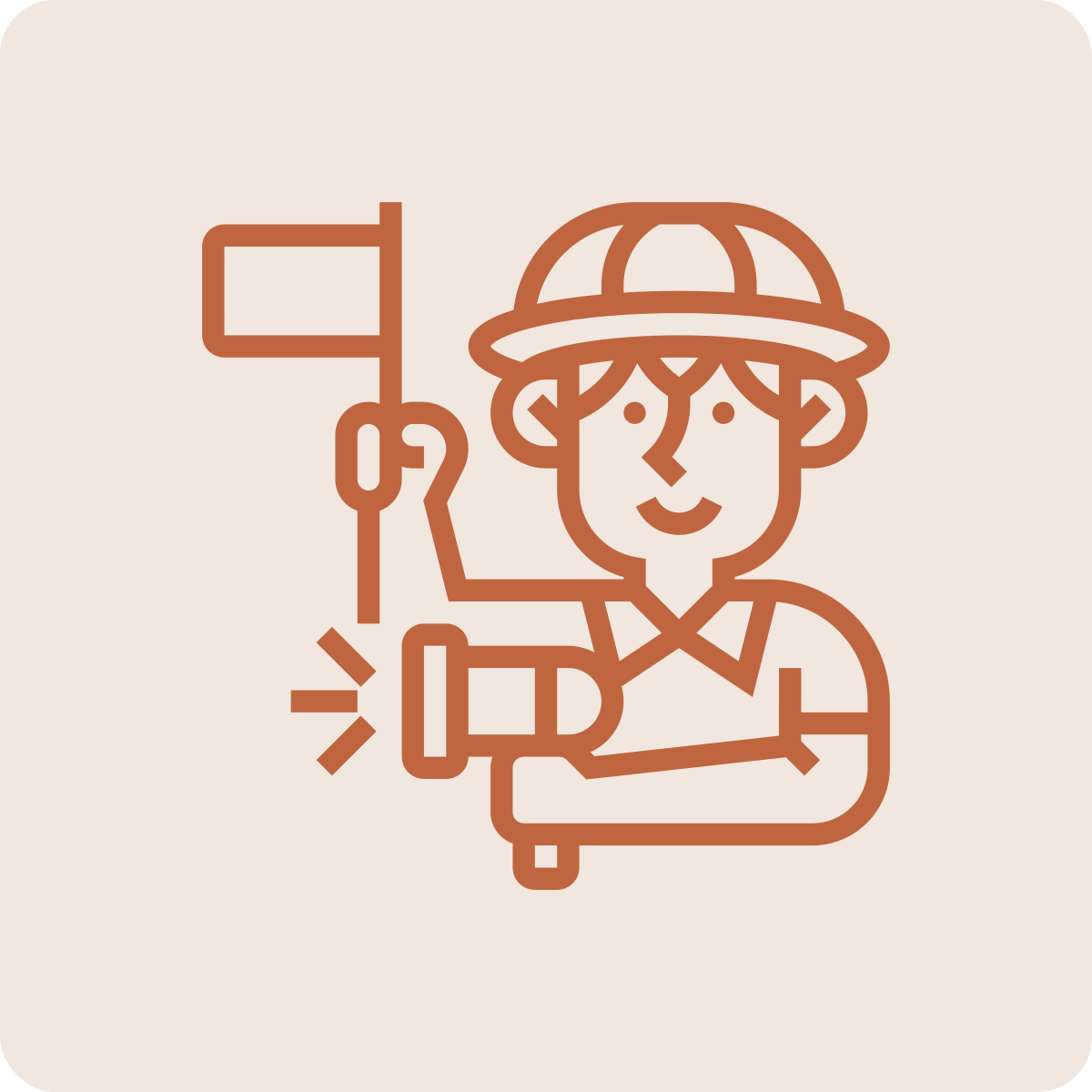 Line drawing of a person wearing a hat, smiling, holding a flag in one hand and an ice cream cone in the other.