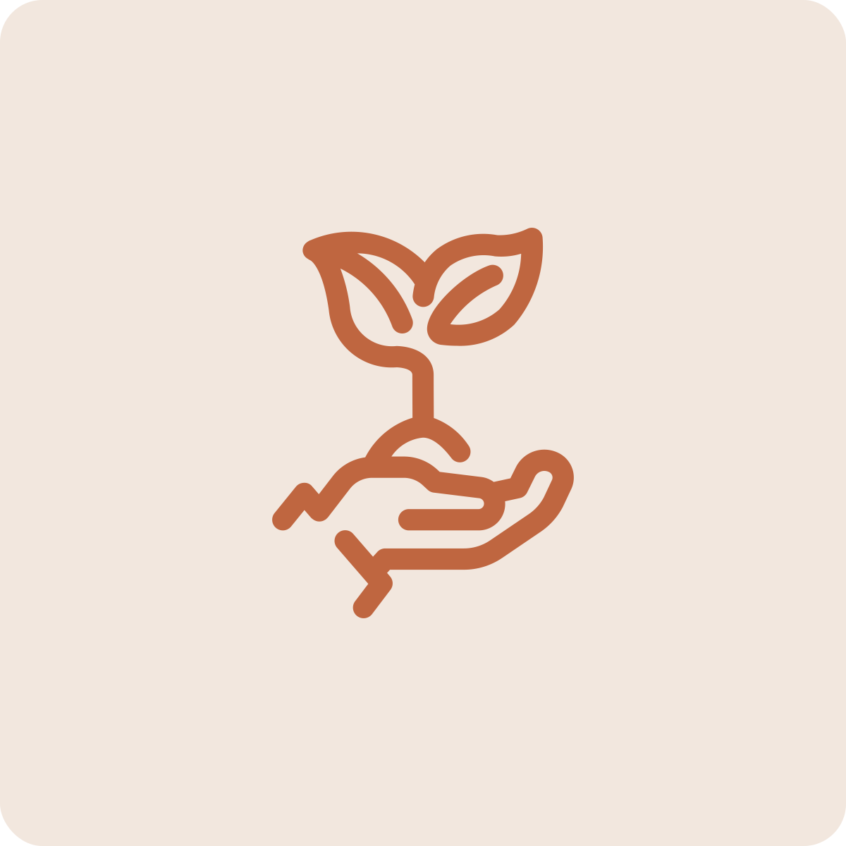 A minimalist line drawing of a hand holding a small plant with two leaves.