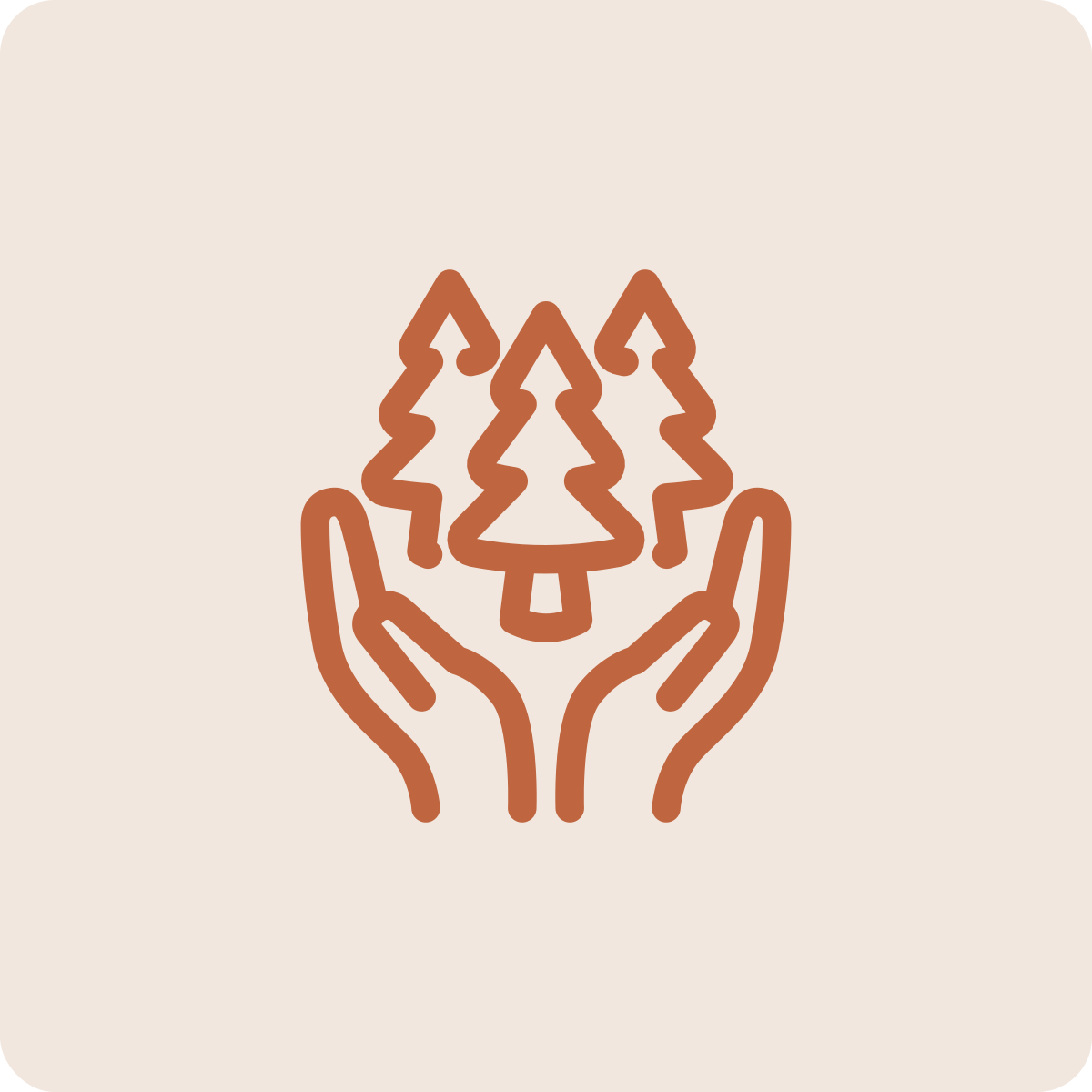 Line drawing of two hands holding three stylized Christmas trees.