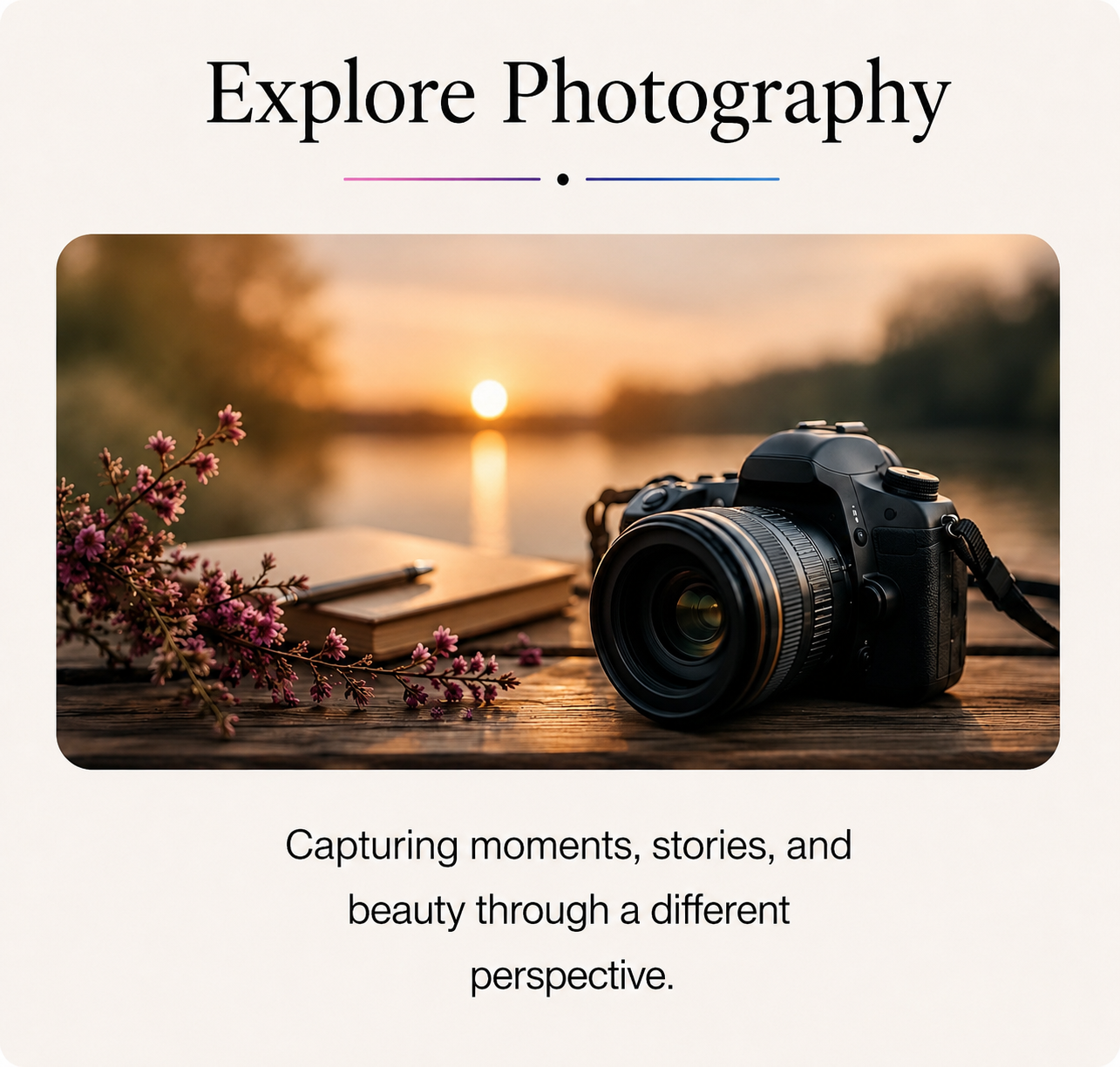 Illustration of a camera overlooking a scenic landscape at sunset representing Ashley Whitt's photography, storytelling, and capturing moments through a different perspective.