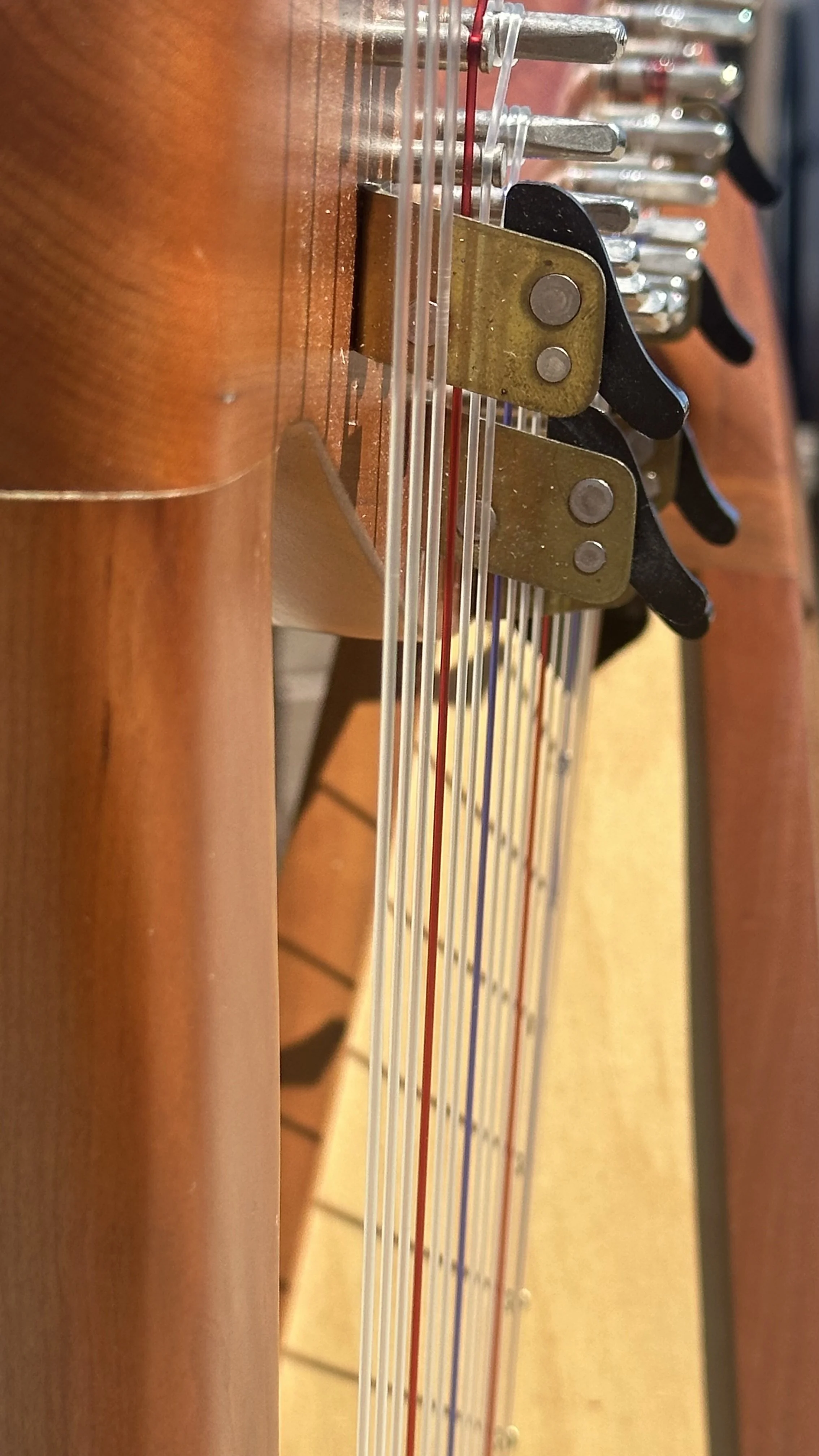 Close-up photograph of Ashley Whitt's lap harp, featuring its strings, carved heart detail, and warm wood grain.