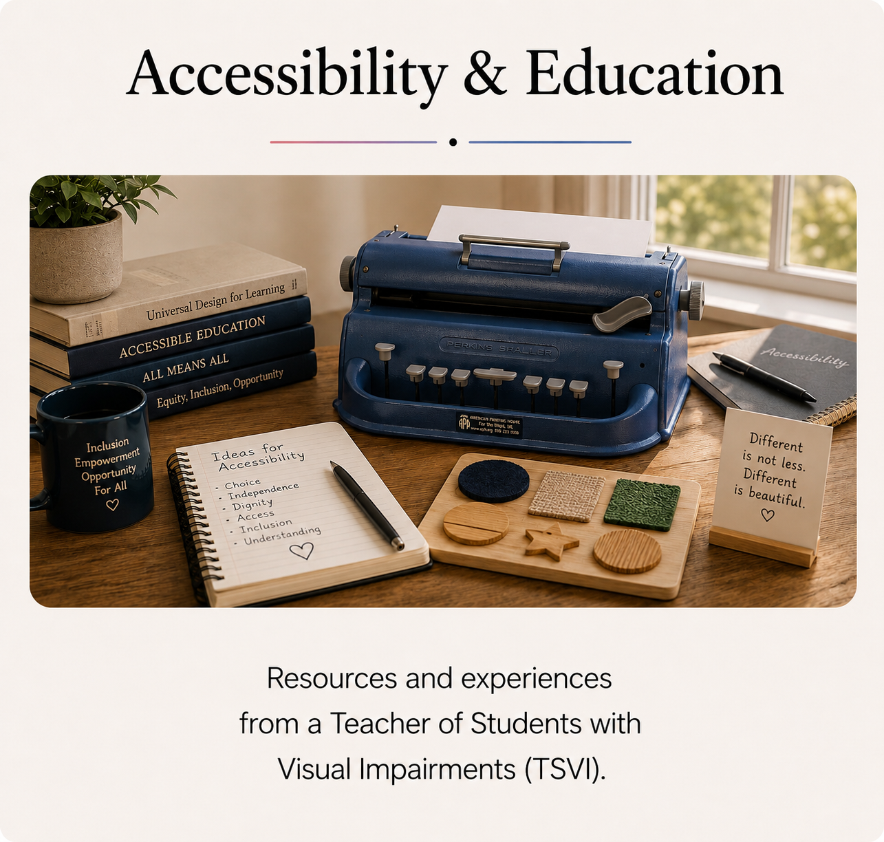 Illustration of books, braille materials, and assistive technology resources representing accessibility, education, and resources from a Teacher of Students with Visual Impairments (TVI).